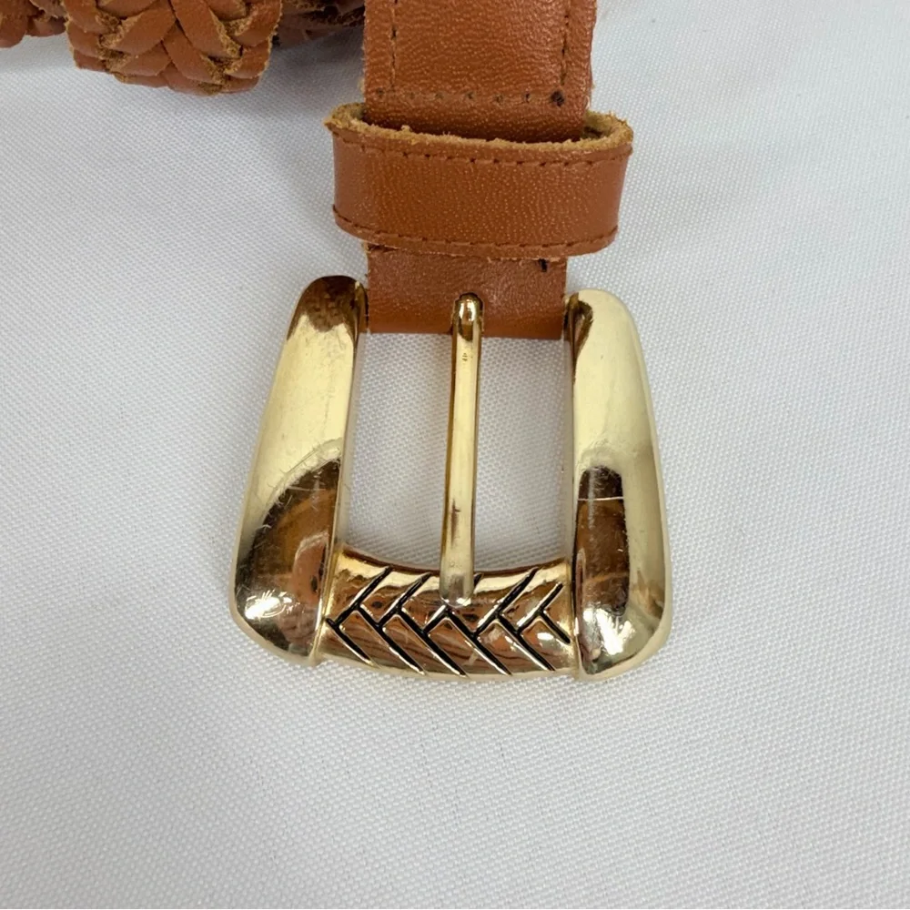 Chic Women’s Size XL Carmel Brown Braided Leather Belt Gold Hardware